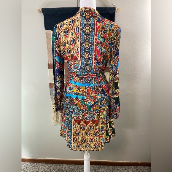 Zara Multicolor Paisley Boho Fit & Flare Long Sleeves Mini dress with belt S - Picture 6 of 11